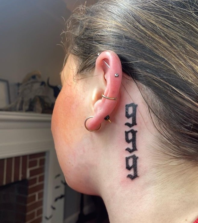 Behind-The-Ear 999 Angel Number Tattoo