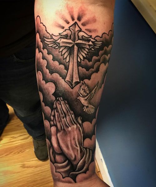 Left Forearm Grey Ink Jesus Tattoo